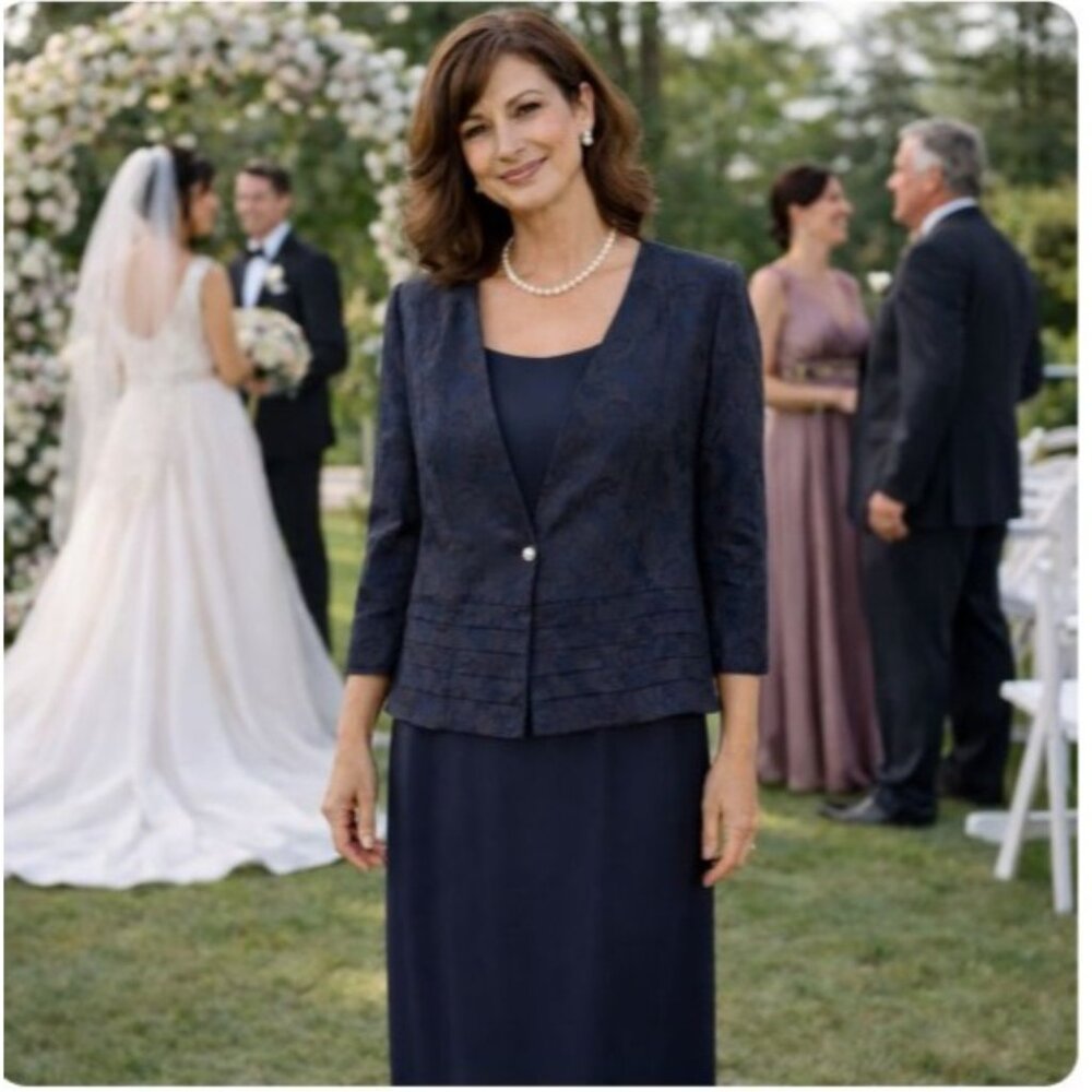 Karen Miller New York Navy 2pc Long Formal Gown Jacket Dress Suit M/L Wedding